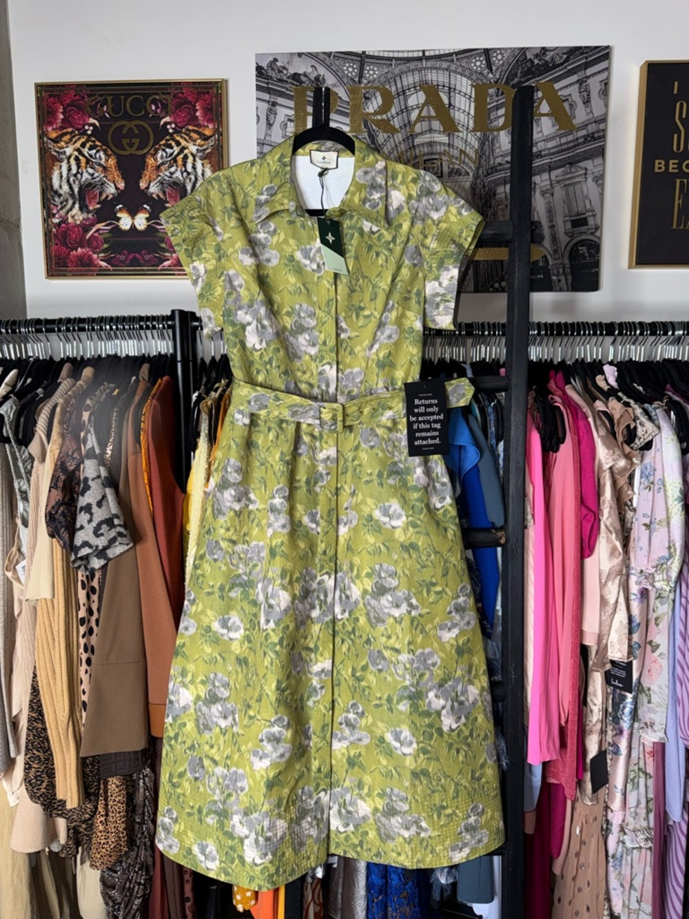 Tuckernuck Chloe Muted Meadows Green Gardens Midi Dress Belted Floral Large New - Picture 3 of 14